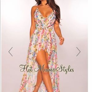 White multi color botanic knotted maxi romper